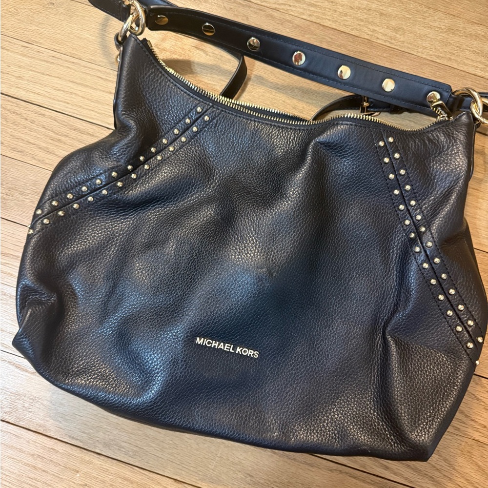 Michael Kors Black Pebbled Leather Shoulder Bag with Gold Studs